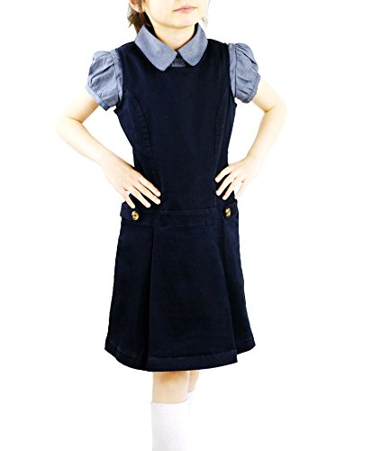 Bienzoe Girl's Cotton Stretchy Twill Jumper School Uniforms Button Dress3