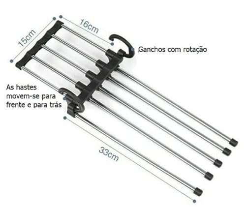 Kit 2 Cabides Multifuncional Dobrável Com 5 Ganchos 31cm Em Aço Inox