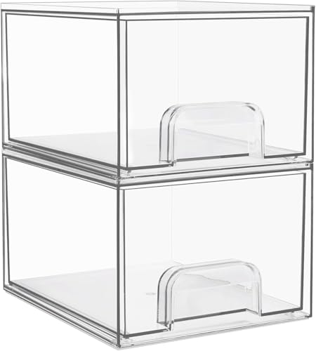 2 Pack Clear Stackable Storage Drawers,4.4'' Tall Acrylic Bathroom Makeup Organizer,Plastic Storage Bins For Vanity,Undersink,Kitchen Cabinets, Pantry,Home Organization and Storage (2pack)