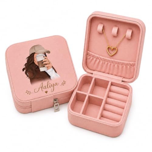 Image of Customized Jewellery Gift Box with free 1-Piece Jewellery Set Mini Jewellery Organizer for Women - Custom Name Jewelry Storage Box with heart pendent, PU Leather Travel case