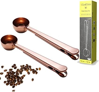 CookTaitai Coffee Scoop for Ground Coffee, Stainless Steel Coffee Measuring Spoon, Long Handle Scooper with Clip for Ground Coffee, Tea, Protein Powder, Instant Drinks More, Rose Gold, 2 Pack