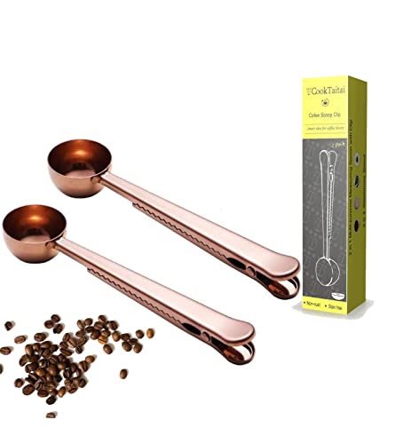Cooktaitai Coffee Scoop For Ground Coffee, Stainless Steel Coffee Measuring Spoon, Long Handle Scooper With Clip For Ground Coffee, Tea, Protein Powder, Instant Drinks More, Rose Gold, 2 Pack #TOP2