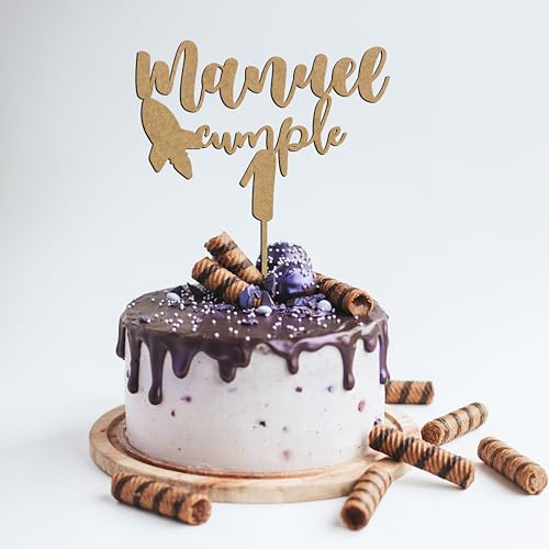 Cake Topper Personalizado en Madera con Nombre para Tartas Cumpleaños Eventos Decoracion Cupcake Comunion Regalo Año (Cohete)