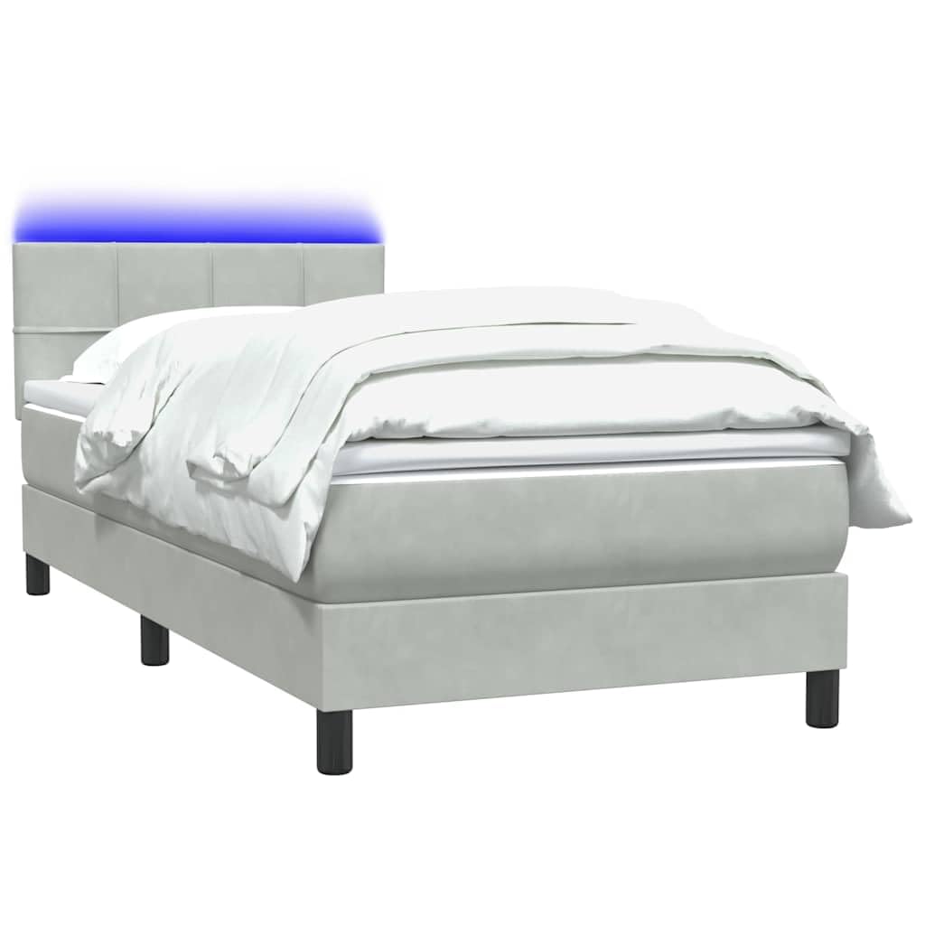Aksamitny z materacem sprężynowym LED 90x220 cm szary | Łóżko kontynentalne 90x220 cm z materacem sprężynowym, topperem i oświetleniem LED, aksamitne, jasnoszare, z regulowanym