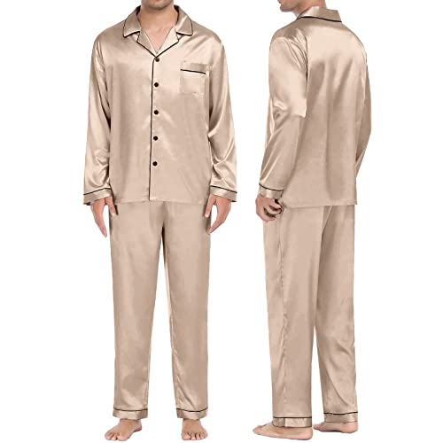 Mens Pajama Set Silk Satin Long Sleeve Classic Sleepwear Button Down Silk Loungewear With Long Pants With Pocket2
