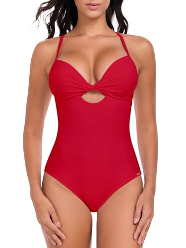 RELLECIGA Women’s Push Up One Piece Swimsuit Twist Front Cutout Adjustable Straps Swimwear