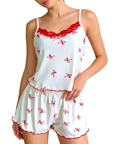 Image of GOZINA Women's Summer Pyjama, Cute Matching Two Piece Short Pajama Set with Ribbed Cherry Print Lace Trim, Soft Breathable Sexy Lounge Sleepwear (Bow, M)
