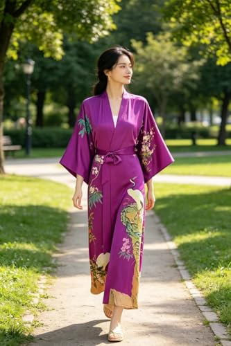 Image of Women's Classic 100% Silk Kimono Robe, Bathrobe-Printed Pattern