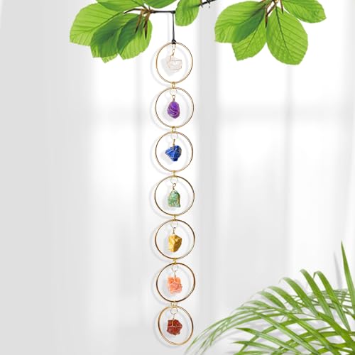 RJINGSHI Natural Raw Crystal Stone 7 Chakras Wall Decor Healing Crystal Gemstone Outdoor Indoor Window Round Hanging Home Decoration (Gold Color)