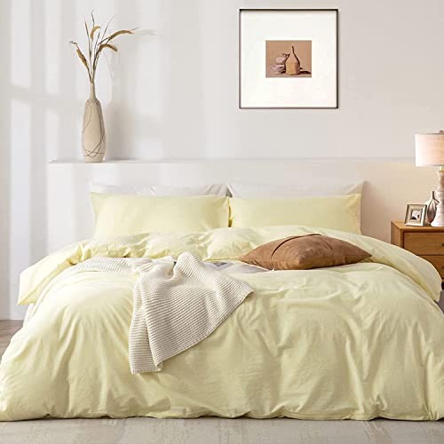 Image of Lanqinglv Pastel Yellow Duvet Cover Set Double Bed Plain Bedding Set 120g Microfiber Breathable Quilt Duver Cover with Zipper Closure and 2 Pillowcases 50x75cm