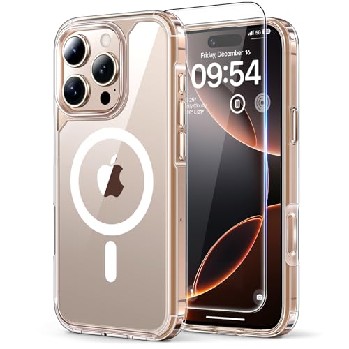 TAURI für iPhone 16 Pro Hülle 6,3' mit Panzer Schutz Glas Folie, Kompatibel mit MagSafe, Schutz nach Militärstandard, [Anti-Vergilbung] Stoßfest Magnetisch Handyhülle - Durchsichtig