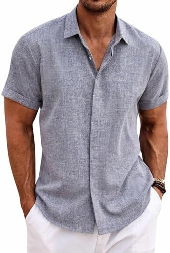 COOFANDY Leinenhemd Herren Kurzarm Hemd Button Down Regular Fit Freizeithemden Sommer Strand Leinen Shirt