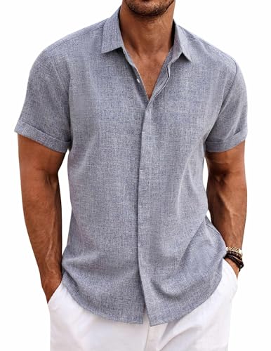 COOFANDY Sommerhemd Herren Kurzarm Leinenhemd Casual Einfarbig Hemd Button Down Leinenshirt Dunkleblaugrau L