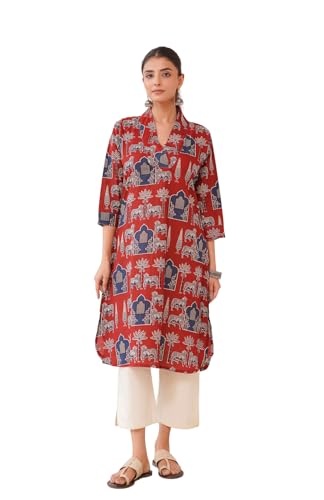 Image of GOODHAND Women Cotton Block Printed Kurta, Straight Fit Ethnic Kurti for Daily,Office & Casual Use