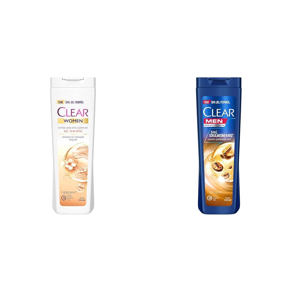 Clear Women Kil Terapisi Arınmış ve Yumuşak Saçlar Kepeğe Karşı Etkili Şampuan 350 ml(1) Clear Men Kepeğe Karşı Etkili Şampuan Saç Dökülmesine Karşı Kahve Çekirdeği Özü 350 ml(1)