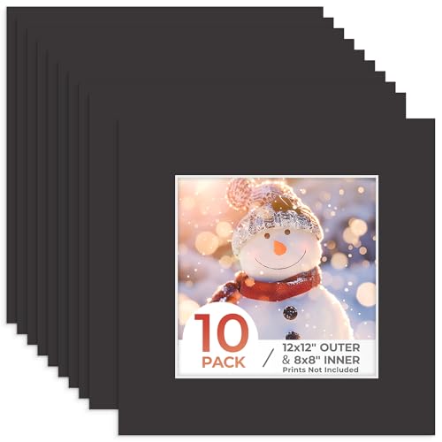 Frametory, 12x12 Photo Mat with White Core Bevel Edge 7.5x7.5 Openings, Acid Free Framing Matte for 8x8 Pictures, 4-ply Thick Black Paper Mats Pack of 10