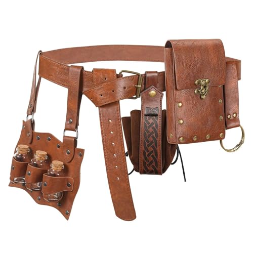 Renaissance Accessories Belt Pouch Medieval Pirate Leather Belt Viking Witch Potion Bottle Costume Men Women for Ren Fair Halloween (B Brown)