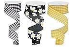 RG Ribbon, Wired Ribbon Set of 3 Rolls Daisy Flower and Gingham Check (Black, White, Yellow) 1.5 Inches X 10 Yards Each for Wreaths, Floral Arrangements, Gift Wrapping, Crafty Decorations