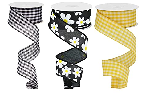 RG Ribbon, Wired Ribbon Set of 3 Rolls Daisy Flower and Gingham Check (Black, White, Yellow) 1.5 Inches X 10 Yards Each for Wreaths, Floral Arrangements, Gift Wrapping, Crafty Decorations