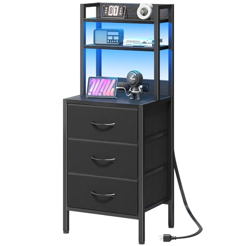 Fixwal 41 Inch Tall Nightstand with Charging Station, 3 Fabric Storage Drawers and Shelves, Led...