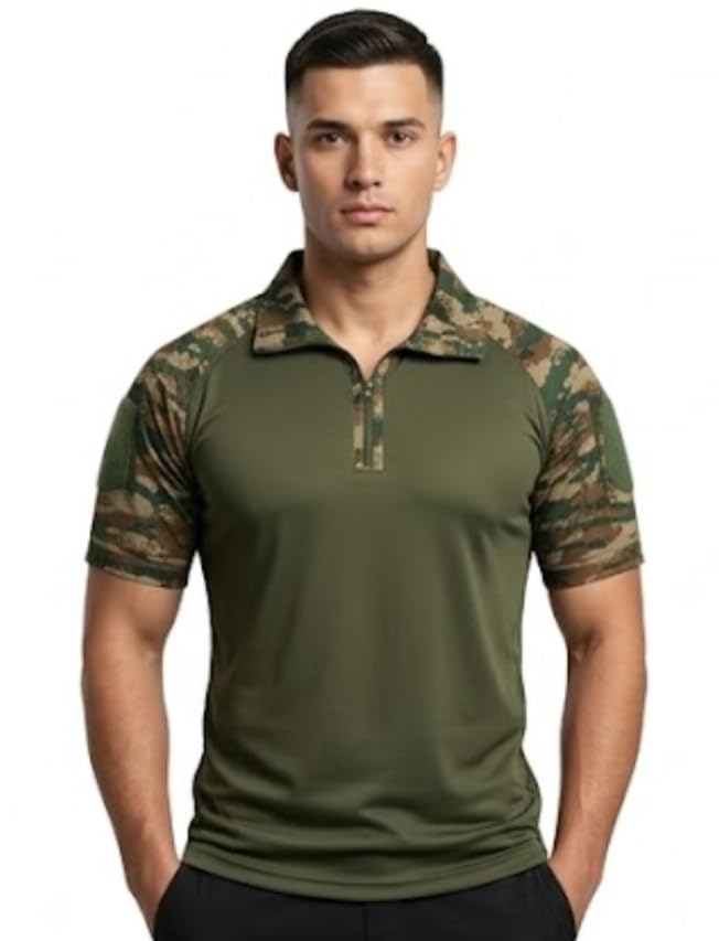 Olive Green Tactical Half Sleeve T-Shirt for Men | Military Inspired Digital Combat Sleeves with Utility Zip Pockets & Mesh Back-picture-40