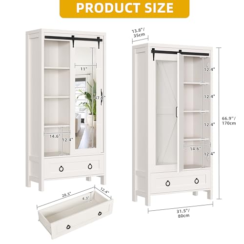 DWVO Bathroom Storage Cabinet, 67" Tall Storage Cabinet with Full Length Mirror & Barn Door, Farmhouse Bathroom Cabinets with Drawers for Kitchen Cabinet, Living Room, Laundry, White Oak