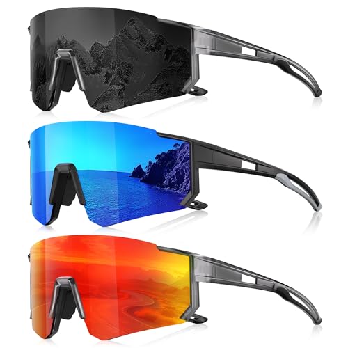 3 Pack Polarized Sunglasses for Men Women, Sports Mens Sunglasses with UV Protection for Baseball Cycling Running A01-grey/Black Blue/Red
