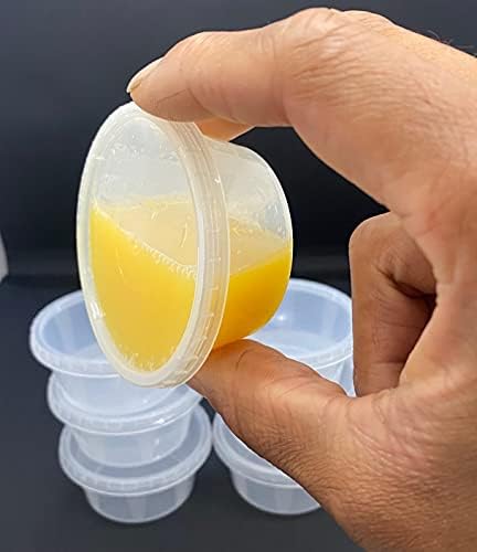 2oz Round Plastic Food Containers Lids Deli Pot or Sauce Take Away Chutney Ketchup Restaurant Jelly Shot & Dessert Cups Re-Usable (100 Pack)