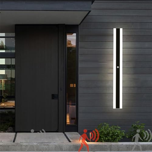 Outdoor Wall Light with Motion Sensor Indoor LED Long Wall Sconce IP67 Waterproof Black Modern Outside Wall Lamp Metal Exterior Wall Lights Porch Patio Living Room Garage (80CM,White Light)