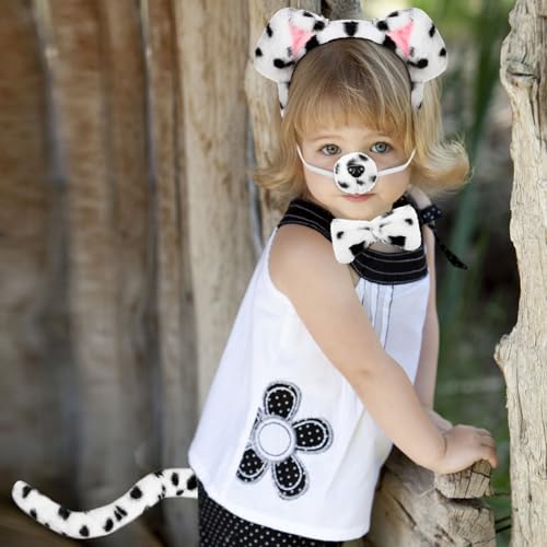 SATINIOR Welpen Kostüm Set Tierkostüm Set Hundekostüm Set Hundeohr Stirnband inklusive Puppy Haarreif mit Ohren Bowtie Schwanz Falsche Nase für Erwachsene Maskeraden Karneval (Weiß, Dalmatiner)