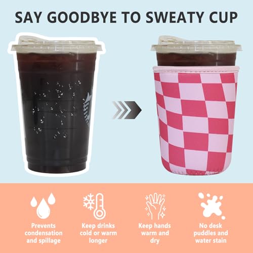 Image of 3 Pack Reusable Iced Coffee Sleeves - Xumbtvs Insulator Sleeve for Cold Beverages, Neoprene Coffee Cup Holder (Pink Chessboard)
