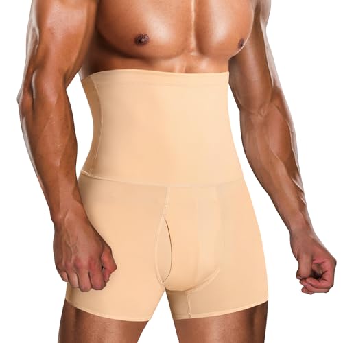 TAILONG Men Tummy Control Shorts High Waist Slimming Underwear Body Shaper Seamless Belly Girdle Boxer Briefs (Beige, XL)