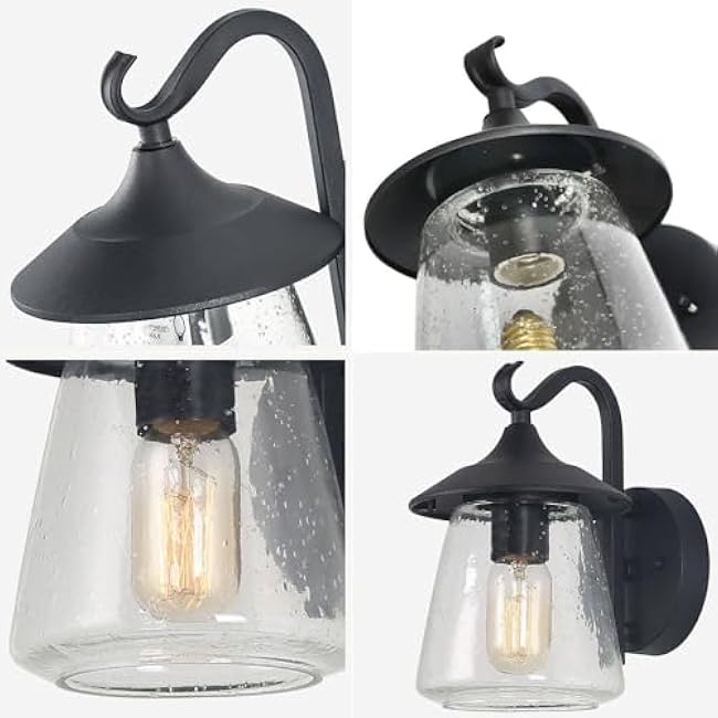 Black Outdoor Wall Lights, Modern Farmhouse Outdoor Light Fixtures Wall Mount with Mushroom Seeded Glass, Waterproof Exterior Outdoor Sconce Lighting Lights for House, Porch, Patio, Entrance, Garage