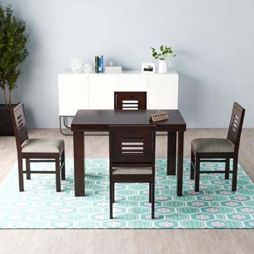 Image of Solid Sheesham Wood 4 Seater Dining Table Set with Cushioned Chairs for Dining Room | Living Room | Home & Office | Hotels Restaurant & Cafe (4 Seater, Walnut E)
