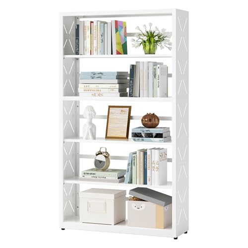5 Tier Bookcase,Industrial Bookshelf,55" White Metal Tall Bookshelf with Adjustable Feet and Adjustable Shelves,Home Office Bookcase Shelf Storage Organizer for Living Room、Kitchen White 5-T