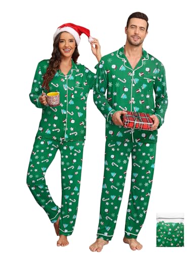 YOPUGEE Couple Christmas Pajamas Matching Sets Button Up Pjs Cotton Sleepwear 2 Piece Loungewear Women Green Christmas M