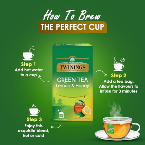 Twinings Green Tea, Lemon and Honey, 25 Tea Bags, Green Tea, Sweet Honey and Spicy Lemon, 1 Piece, 50g