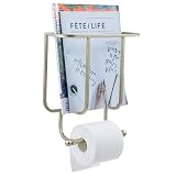 MyGift 2-in-One Wall Mounted Bathroom Storage, Modern Brass Tone Metal Magazine Rack and Toilet Paper Roll Combination Holder for Home or Office Bathrooms