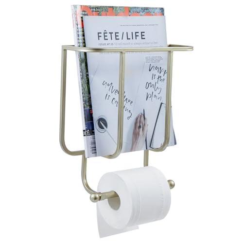MyGift 2-in-One Wall Mounted Bathroom Storage, Modern Brass Tone Metal Magazine Rack and Toilet Paper Roll Combination Holder for Home or Office Bathrooms