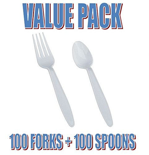VALUE PACK: Dixie® Plastic Tableware, 100 Heavyweight Teaspoons, & 100 Heavyweight Forks, White (200 Pieces)