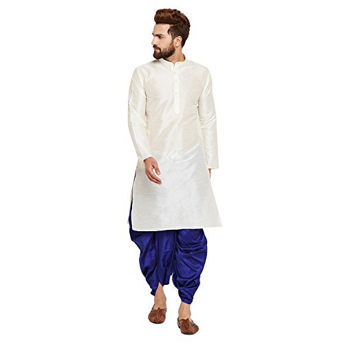 Image of SOJANYA (Since 1958 Men's Off-White and Gold Dupion Silk Dhoti Kurta Set