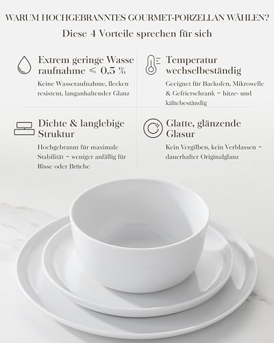 MALACASA Geschirrset 24-teilig, Porzellan Schüssel und Teller Set, Tafelservice 6 Personen, Weiße Speiseteller & Schalen, Rundes Essgeschirr Set, Spülmaschinen- & Mikrowellengeeignet, Serie LEXI