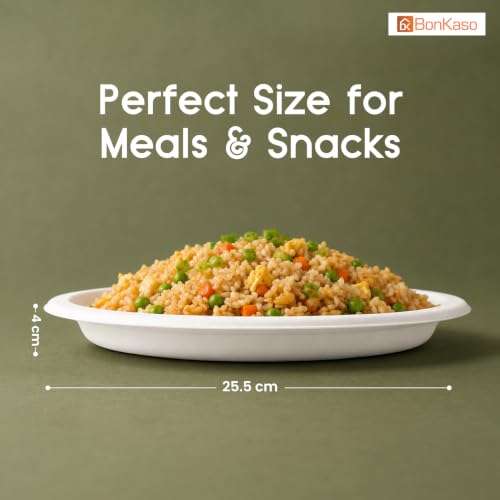 Image of Bonkaso 10 Inch, Pack of 100 Bagasse Disposable Round Plates (White)| Eco-Friendly Sugarcane Paper Plates | Biodegradable, Compostable & Sturdy | Ideal for Snacks, Desserts, Parties, Weddings & Events