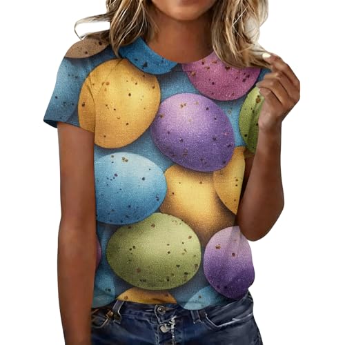 Women's Round Neck 2026 Summer Loose Tops Fashion Short Sleeve Blouse T Shirt Dressy Casual Easter Printed Shirts