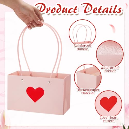 Tinlade 24 Pack Flower Gift Bags, Kraft Paper Heart Bouquet Bags with Handles for Arrangements, Waterproof Lining, Pink Red, for Wedding, Bridal Shower, Engagement Centerpiece — view 4