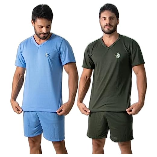 KIT 2 Pijama Manga Curta Masculino Curto Fechado Conforto Casual (AZUL CLARO, M)