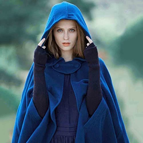 Womens Cape Hooded Cardigans Cloak Long Solid Open Front Poncho Outwear Blue #TOP4
