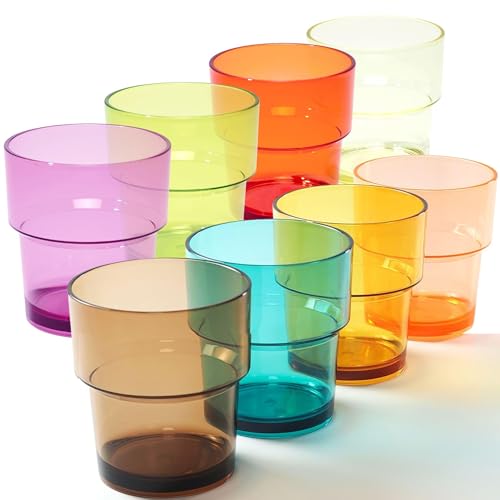 WowProLiv 14 oz Plastic Stackable Drinking Tumblers, BPA-Free, Dishwasher Safe, Durable Shatterproof Reusable Kid Cups, Everyday Water/Juice Glasses for Indoor/Outdoor (Set of 8, Gift Box) by WowProLiv - Used condition - US$20.27