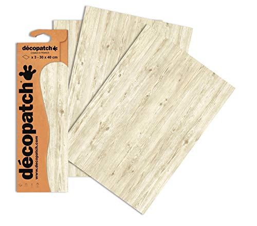 Décopatch C673O - Une pochette de 3 feuilles de papier imprimé 30x40 cm, Bois blanc