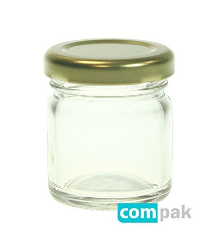 Duyoku 1.5oz MINI ROUND GLASS JAM JARS X 96 - c/w Gold Caps (Wedding Favours)